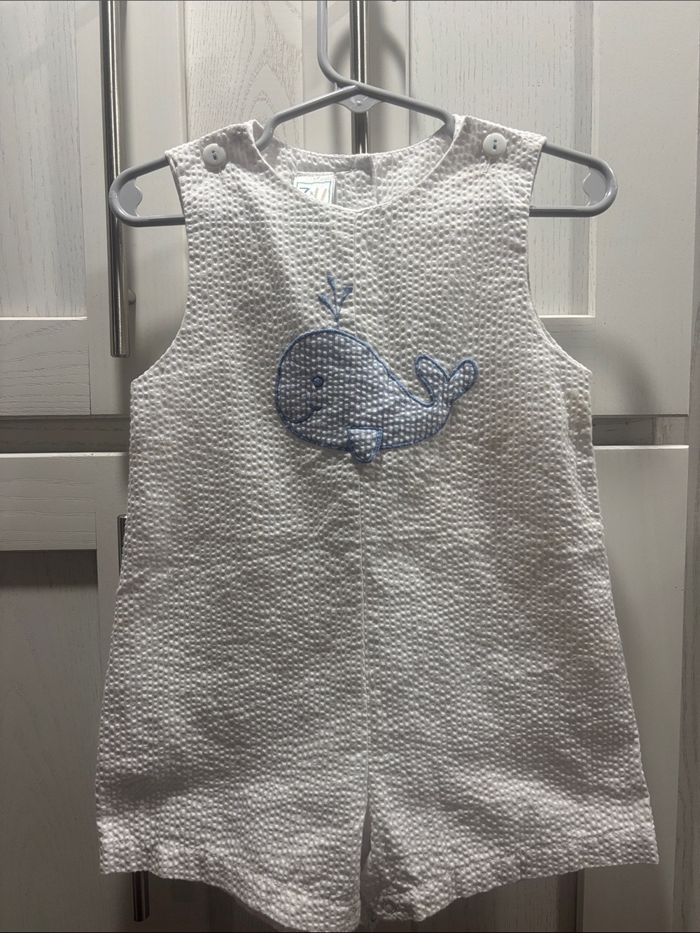 White Seersucker Whale Embroidered Kids One-Piece Romper